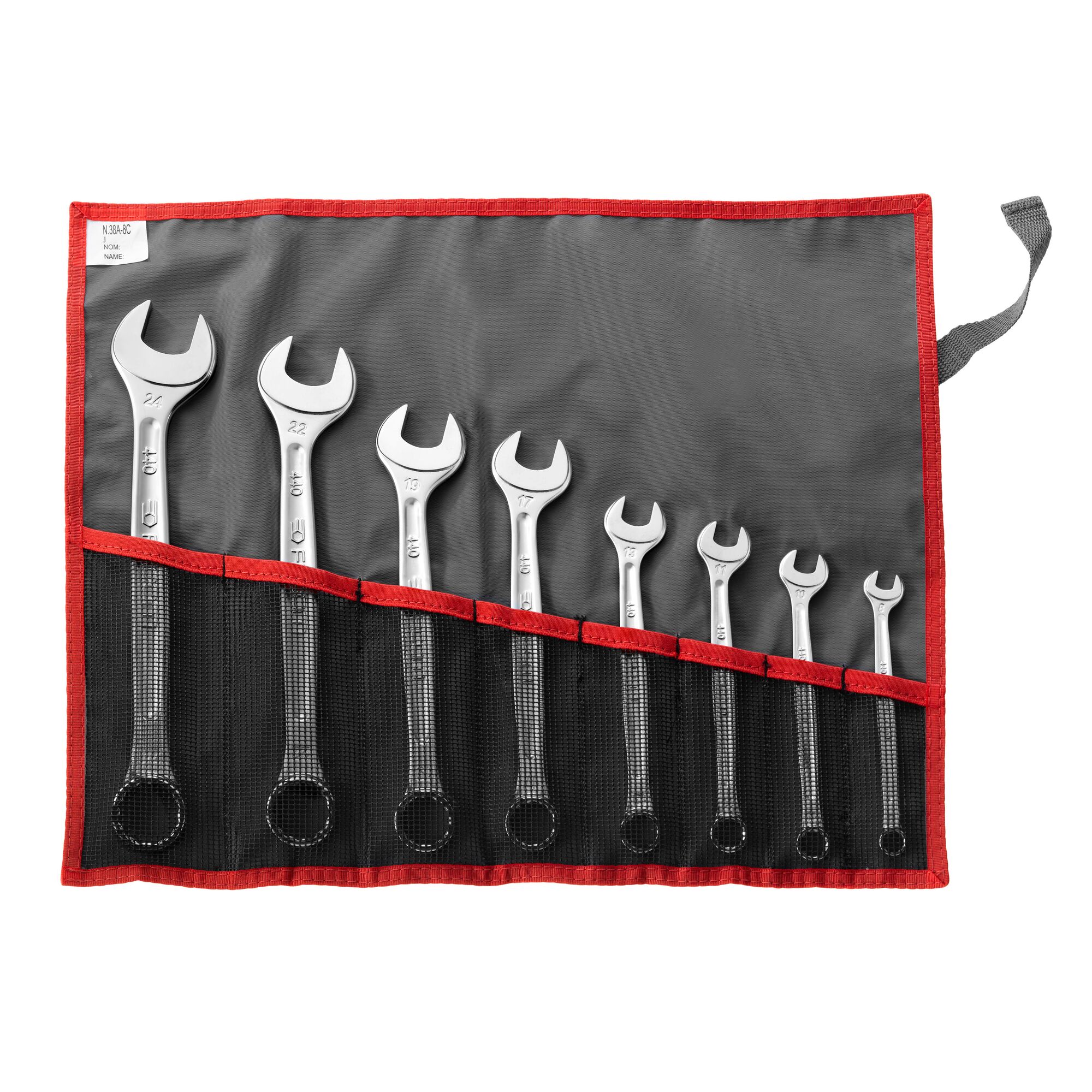 Facom 440_JN8T wrench set in roll-up pouch, photography, front angle, eight silver wrenches in black pouch.